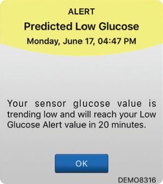 Alert message predicts low glucose at 04:47 PM on June 17; action needed. Blue button labeled "OK".